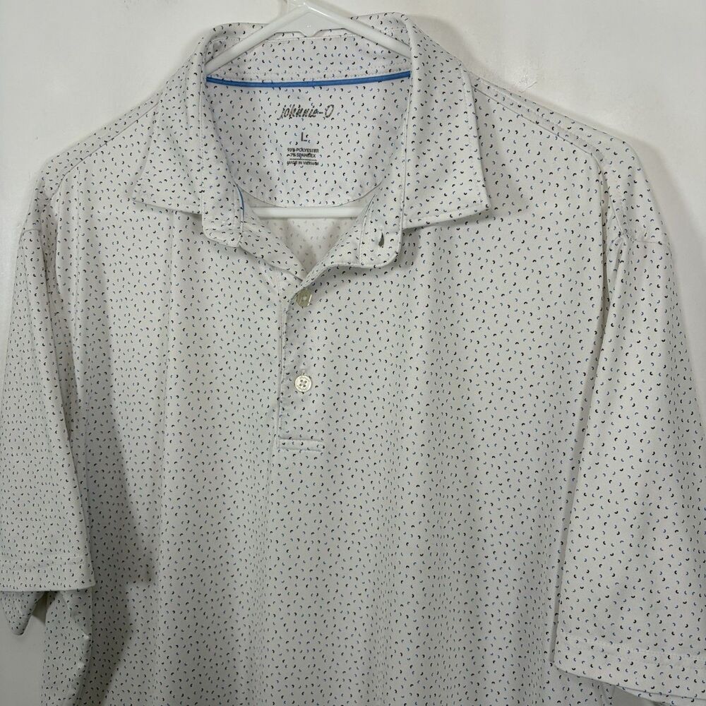 Johnnie-O Golf Polo Shirt Mens Large White Blue Black Geometric AOP Performance